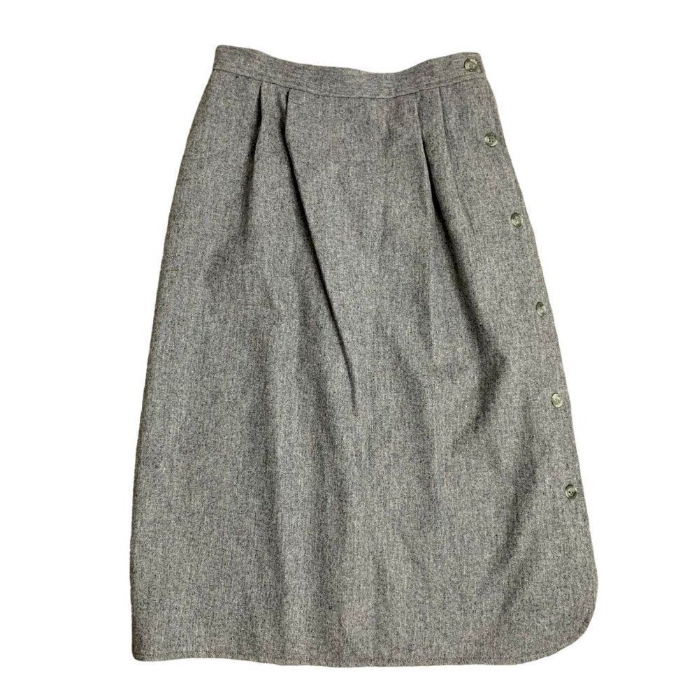Vintage 80s Wool Pleated Front Midi Skirt S Grey A Line Button Down